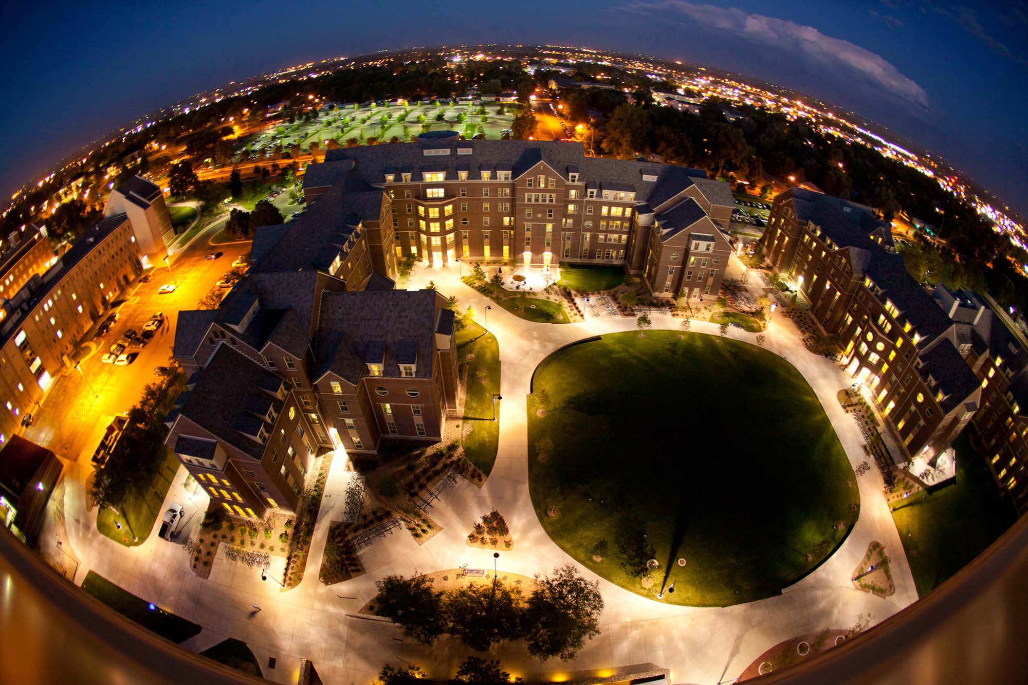 Aerial photo of Greeley at night.